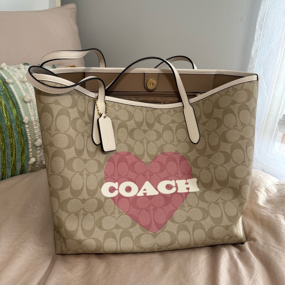Coach Signature Tote with Pink Heart Accent